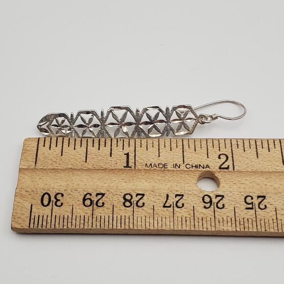 Sterling Silver Flower / Snowflake Diamond Cut Dangle Hook Earrings - Picture 6 of 6